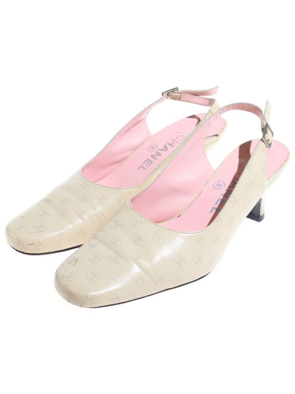Chanel CC Logo All Over Print Leather Pumps Mules Low Heels Beige